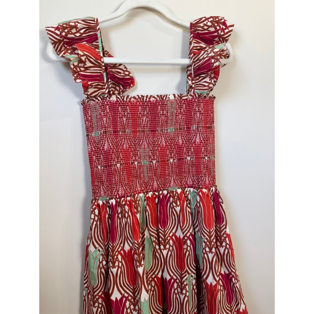 Cara Cara Smocked Midi Dress Red Tulip Print Ruffle Strap Tiered NWT - Picture 4 of 6